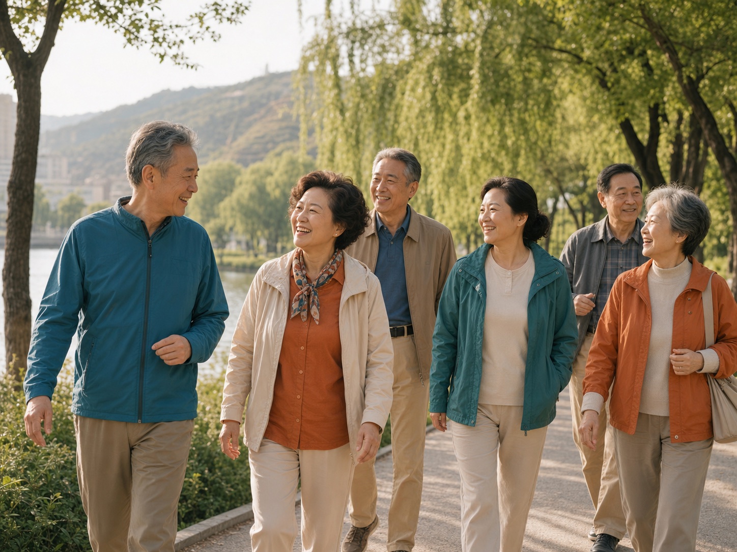 退休朋友在兰州河边公园散步聊天